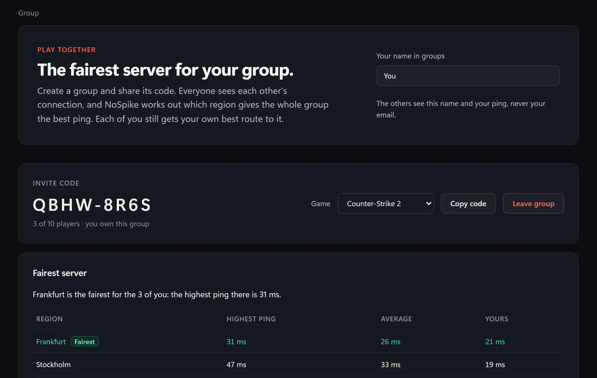 A group for Counter-Strike 2 with its invite code: Frankfurt is the fairest server for the three players, with the highest, average and own ping for each region.