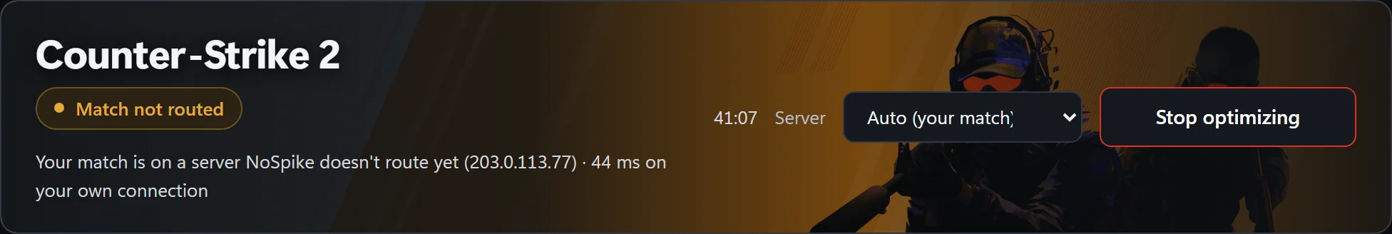 The game page's header for Counter-Strike 2 saying Match not routed: your match is on a server NoSpike doesn't route yet, 44 ms on your own connection.