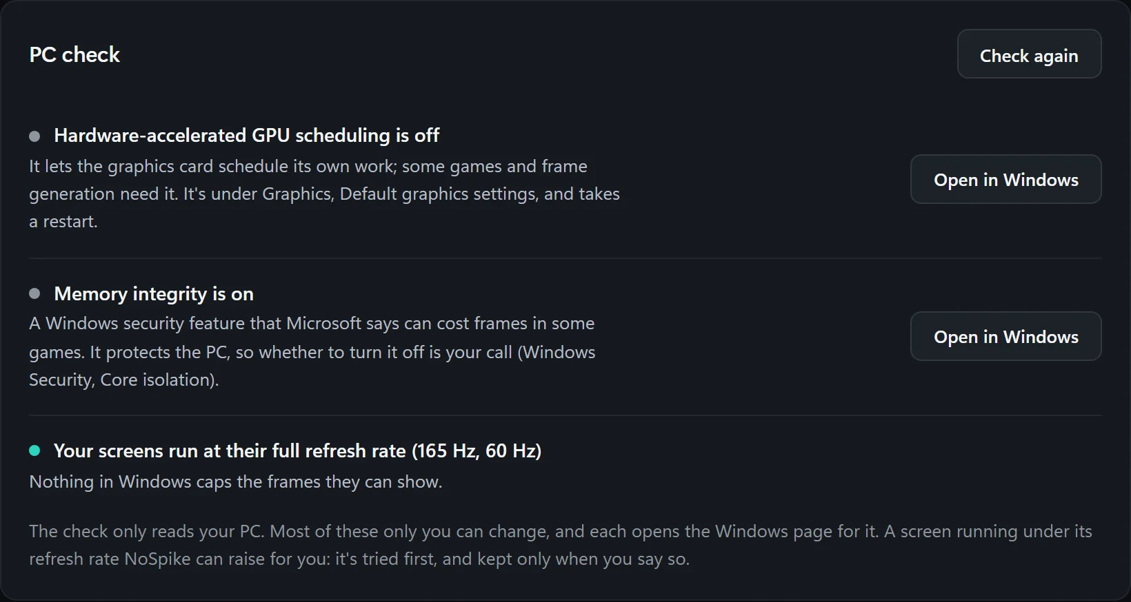 The PC check: hardware-accelerated GPU scheduling is off, memory integrity is on, the screens run at their full refresh rate, each with a button that opens the Windows page.