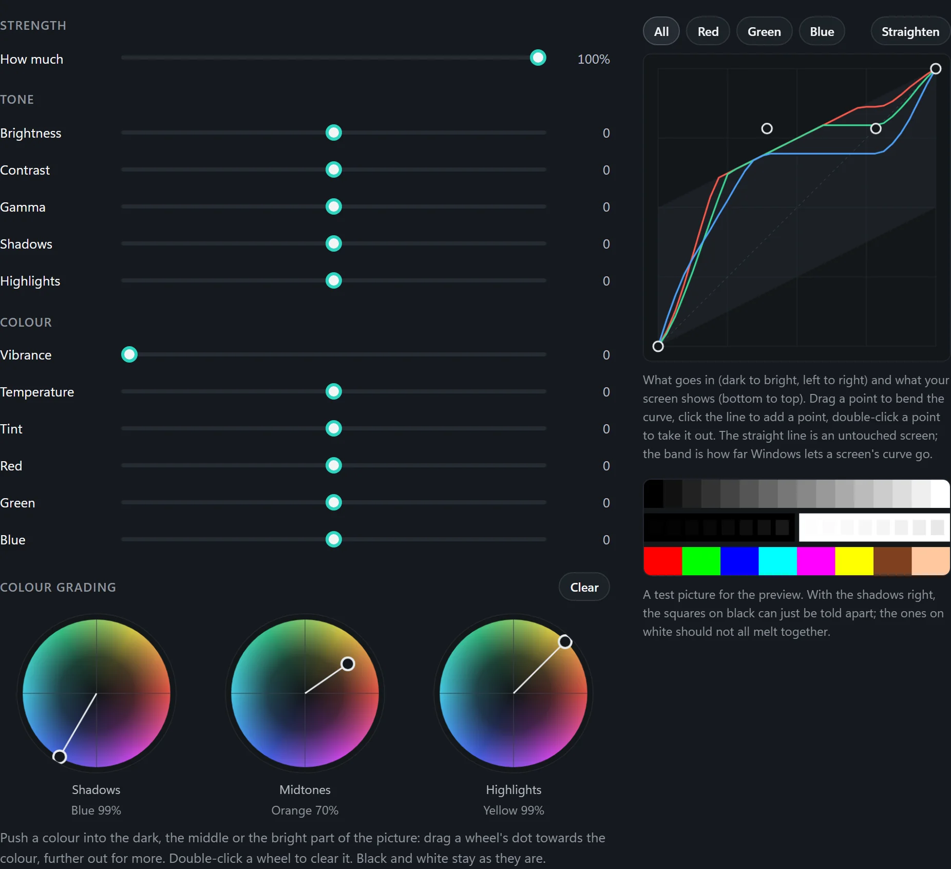 The Picture panel: strength, tone and colour sliders, a curve for each colour drawn by hand, a test picture, and three colour grading wheels for shadows, midtones and highlights.